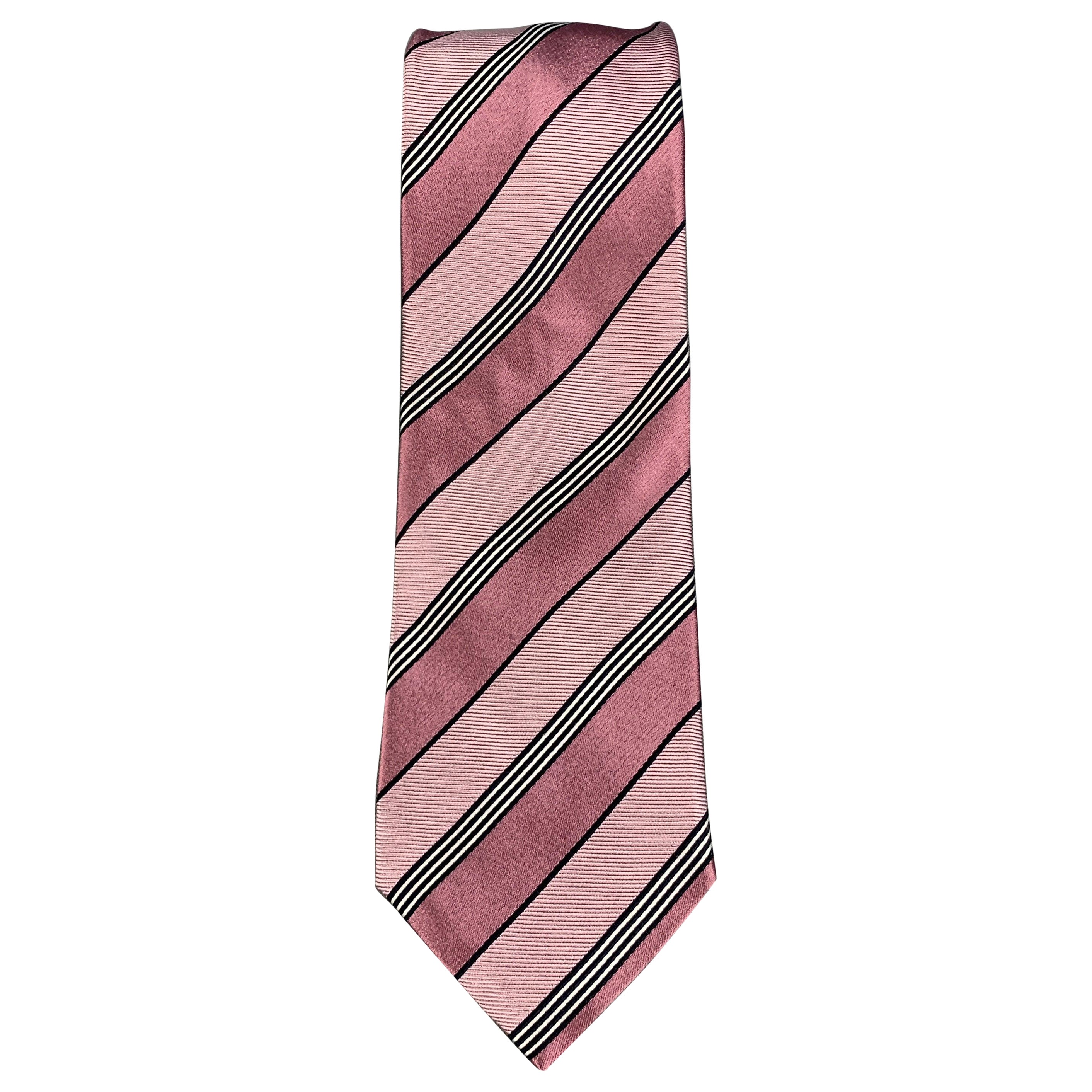 ERMENEGILDO ZEGNA Pink Black Diagonal Stripe Silk Tie For Sale