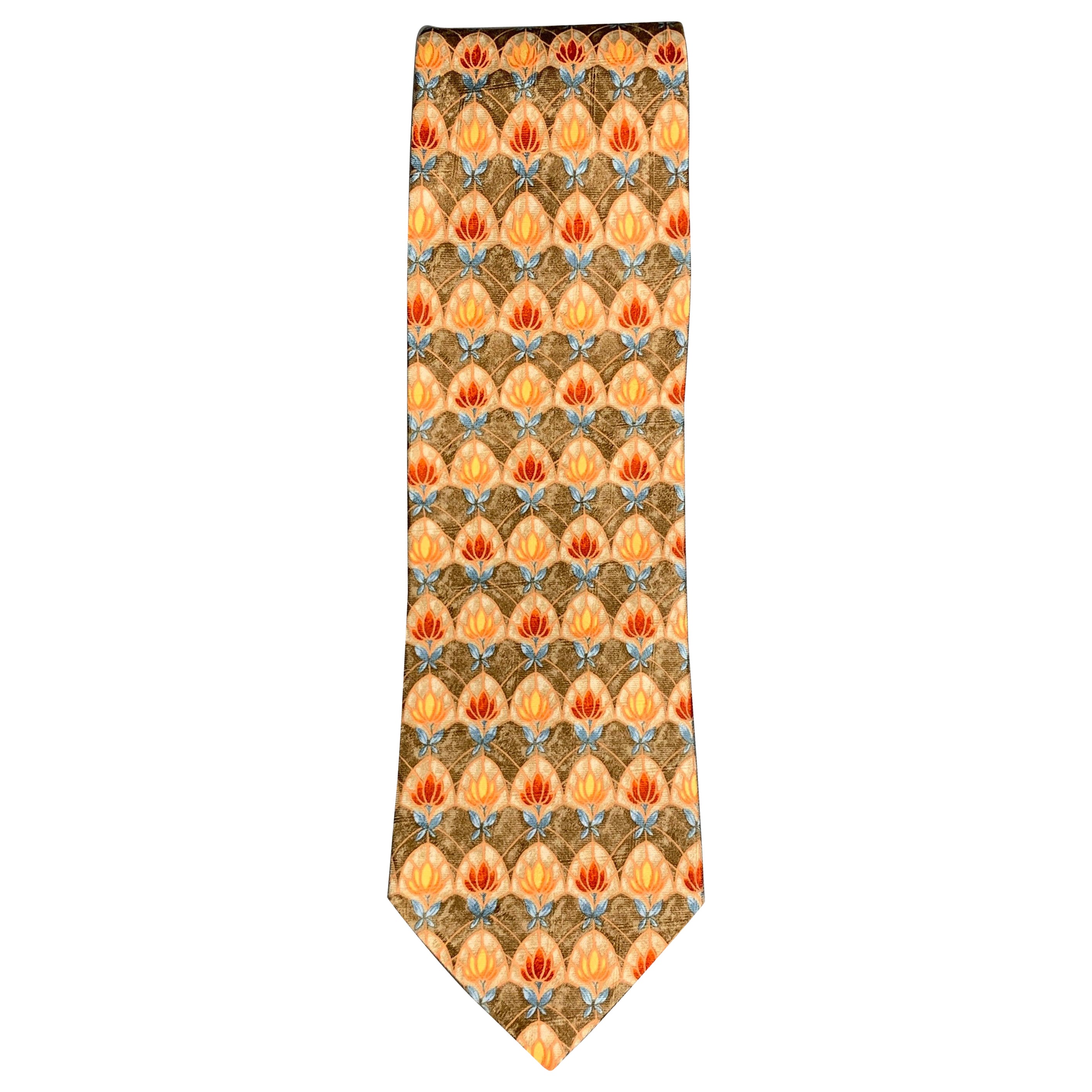 ERMENEGILDO ZEGNA Brown Red & Orange Abstrack Floral Silk Tie For Sale