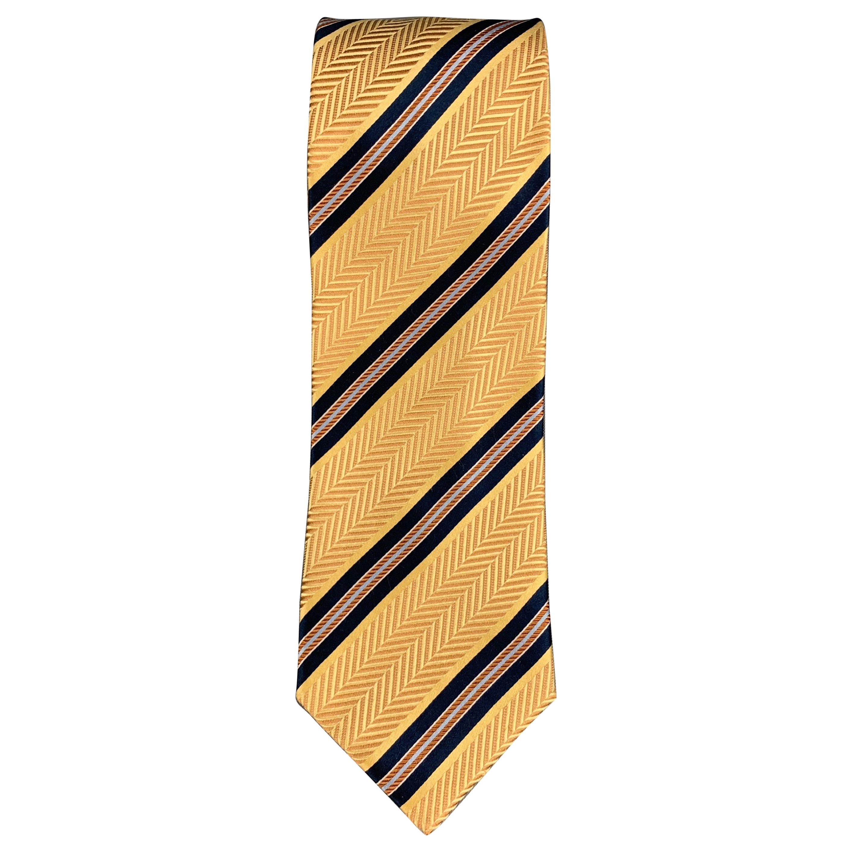 ERMENEGILDO ZEGNA Yellow Navy Diagonal Stripe Silk Tie For Sale