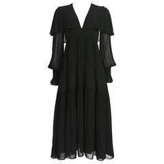 Ossie Clark black chiffon tiered evening dress with capelet, circa 1972