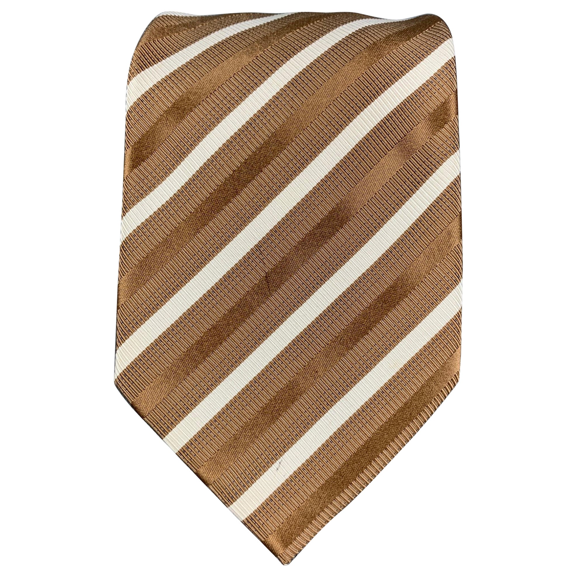 BRIONI Taupe White Brown Diagonal Stripe Silk Tie For Sale