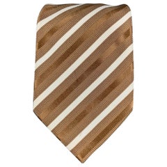 BRIONI Taupe White Brown Diagonal Stripe Silk Tie