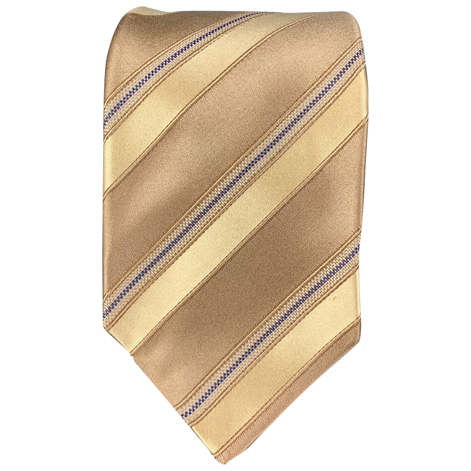 KITON Taupe Yellow Diagonal Stripe Silk Tie For Sale