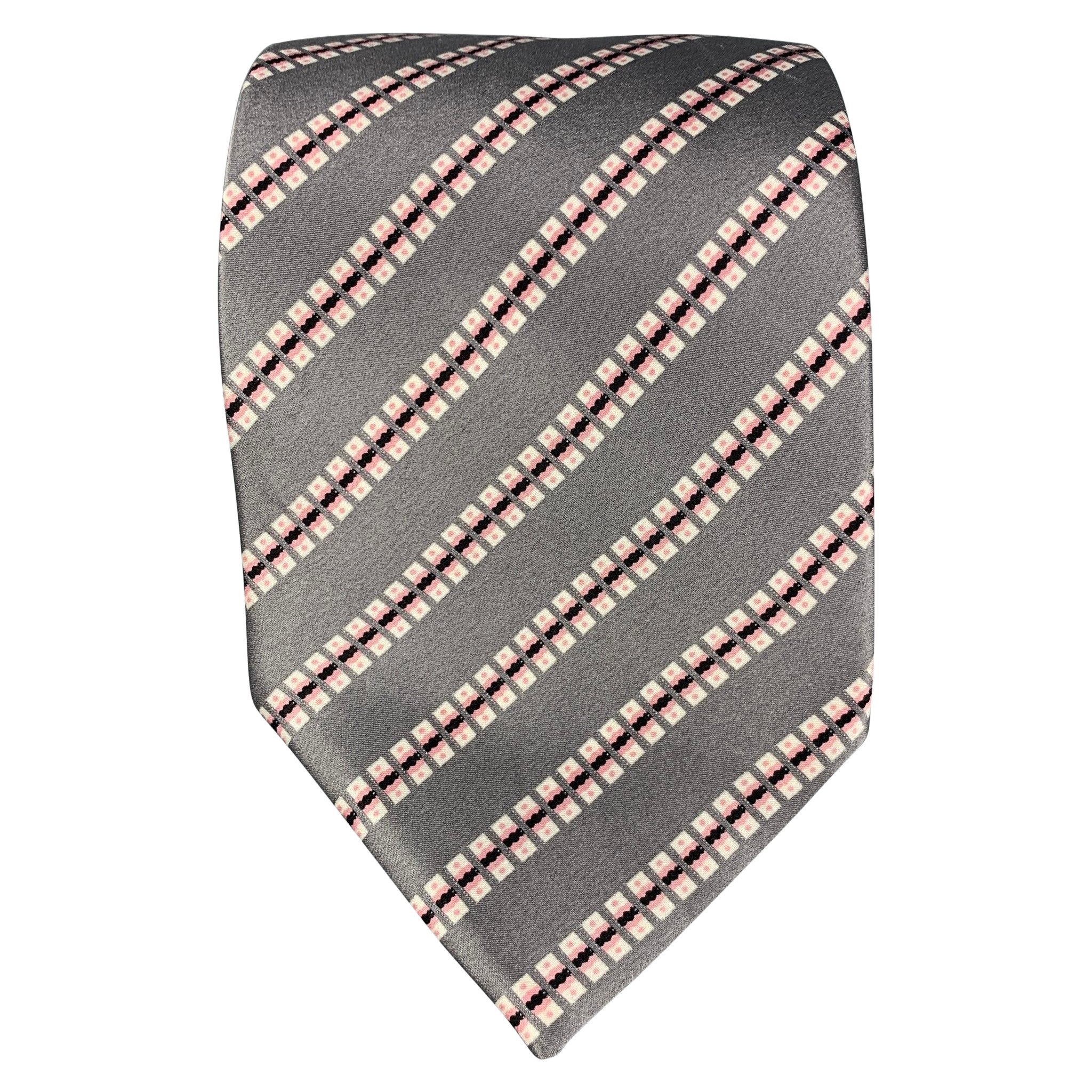 STEFANO RICCI Grey White Pink Squares Silk Satin Tie For Sale