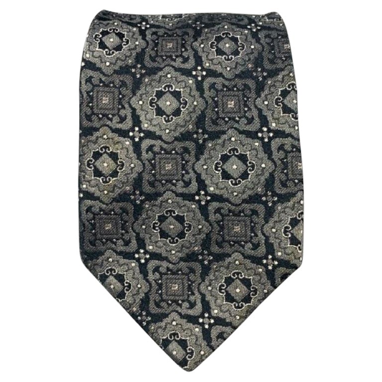 Vintage GIANNI VERSACE Navy Silver Baroque Silk Tie For Sale