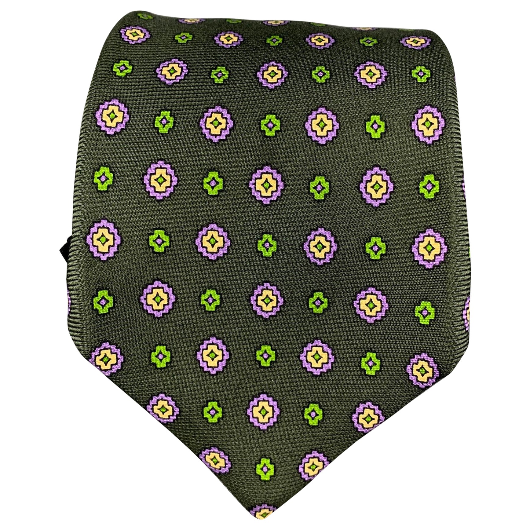 KITON cravate en soie à fleurs abstraites vert foncé et violet en vente