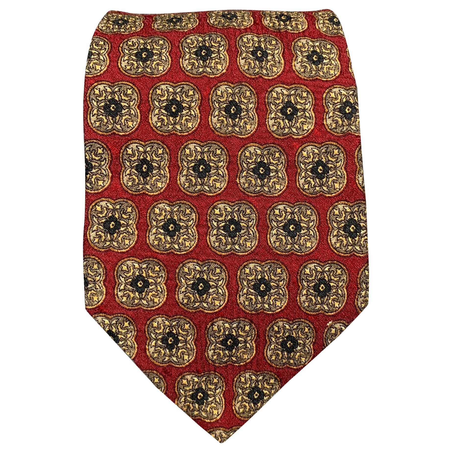 VALENTINO Burgundy & Taupe Tapestry Silk Tie For Sale