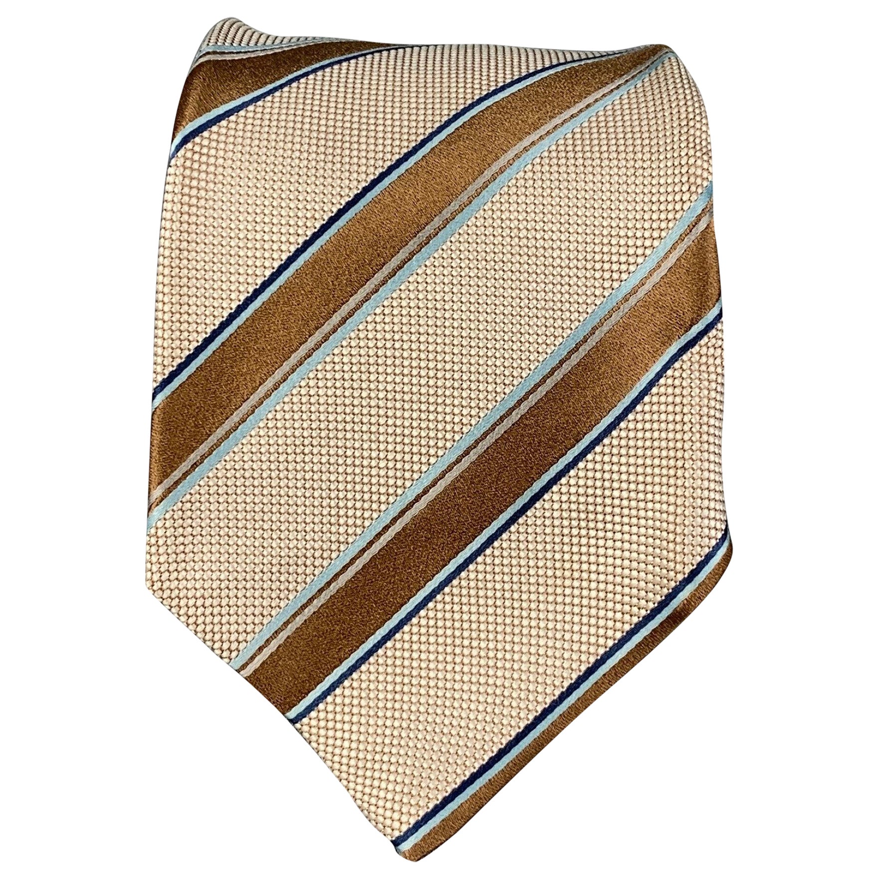KITON Tan White Diagonal Stripe Tie For Sale