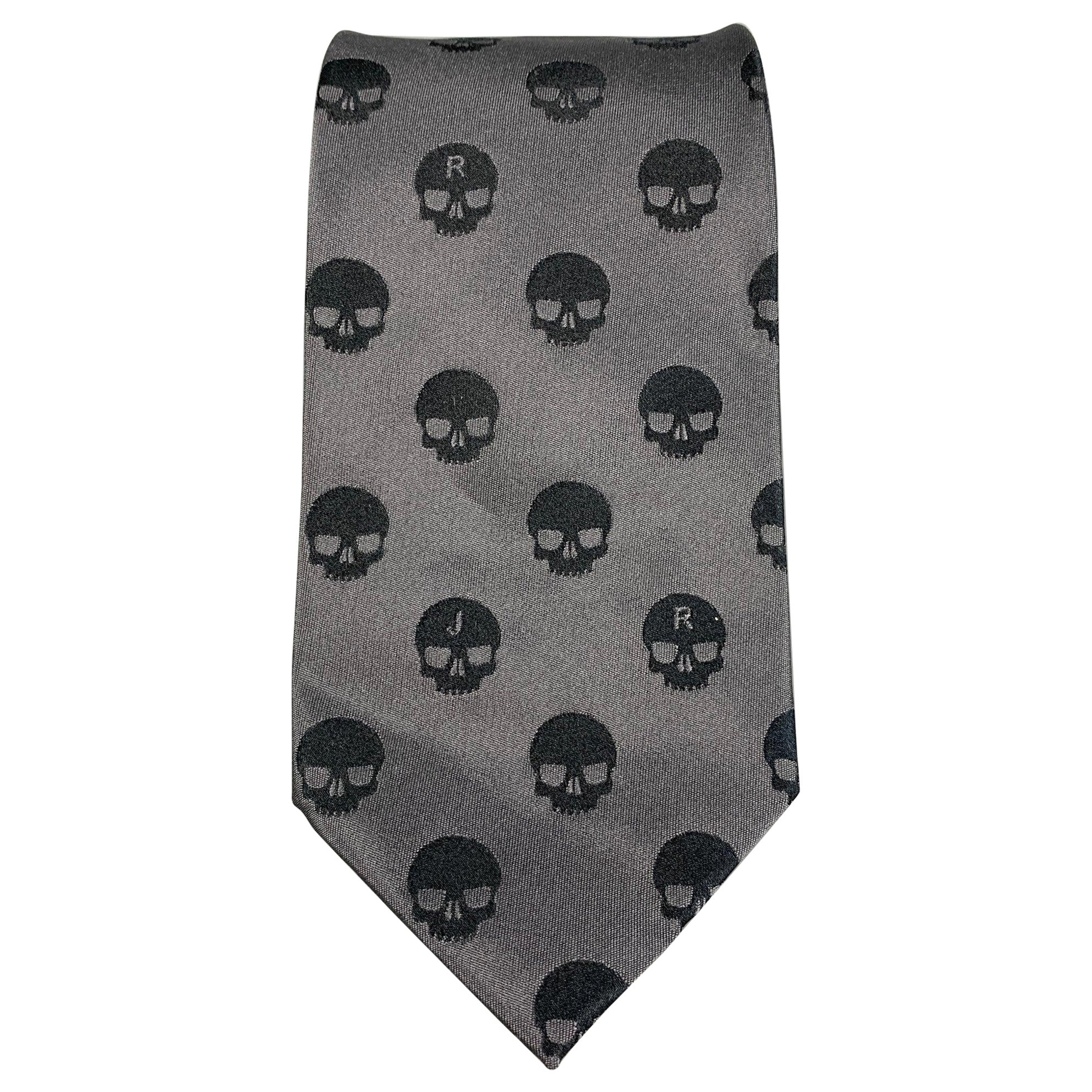 JOHN RICHMOND Charcoal Skull Silk Tie For Sale