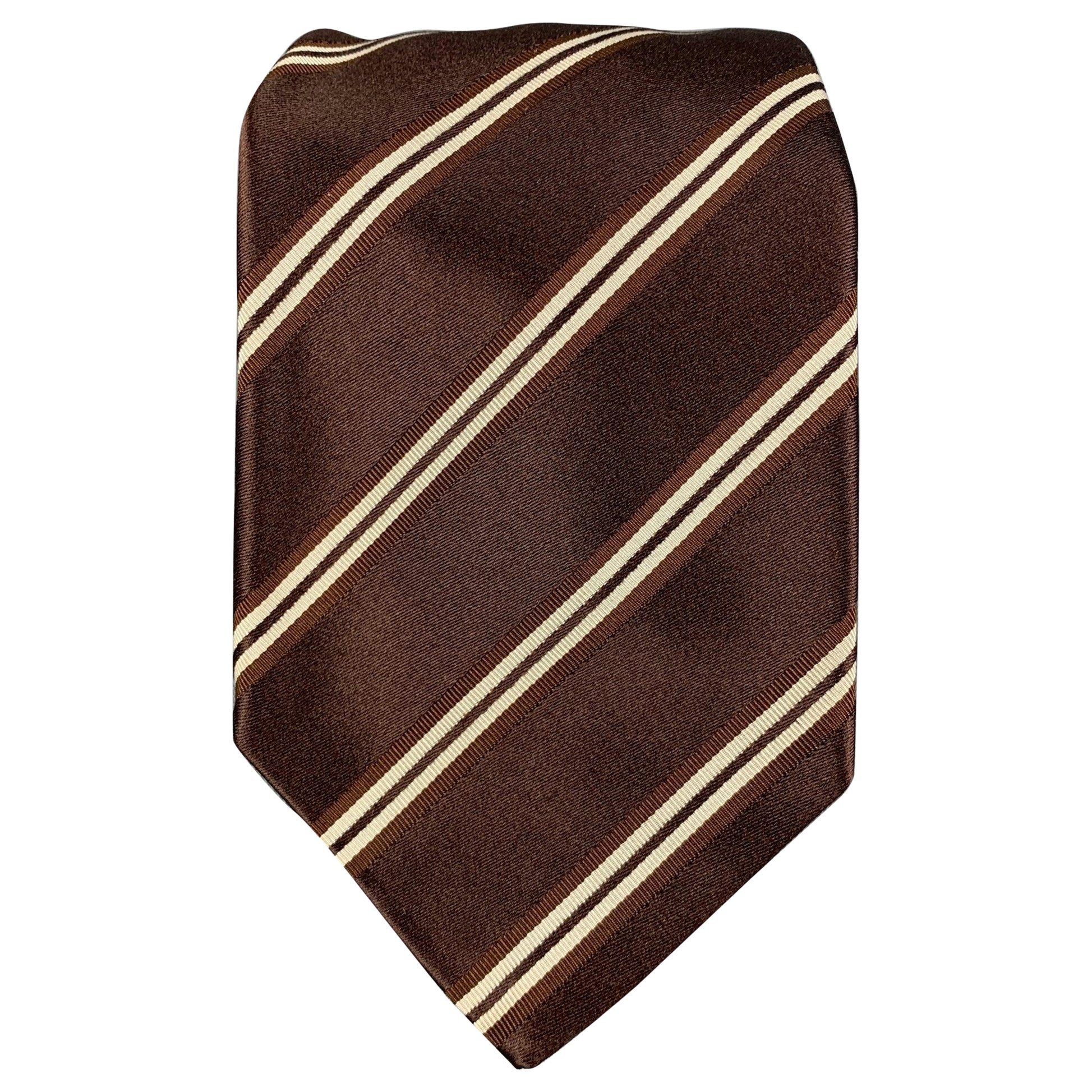 KITON Brown White Diagonal Stripe Silk Tie