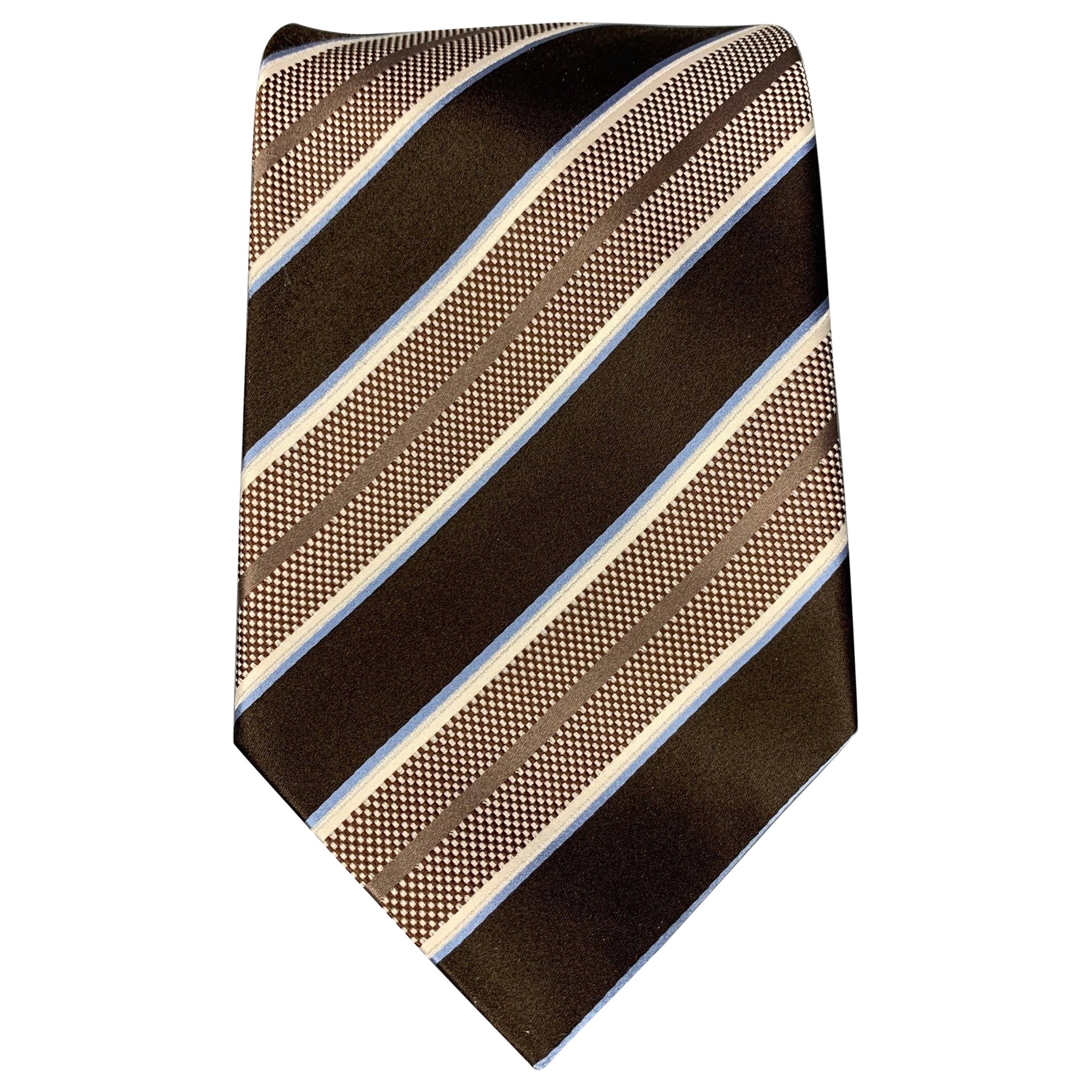 ERMENEGILDO ZEGNA Brown & White Stripe Silk Tie For Sale