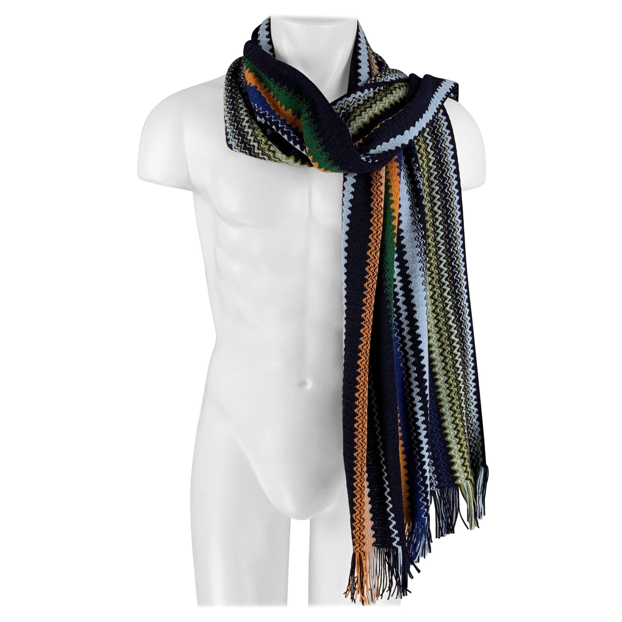MISSONI Multi Color Zig Zag Wool Acrylic Knit Scarf For Sale