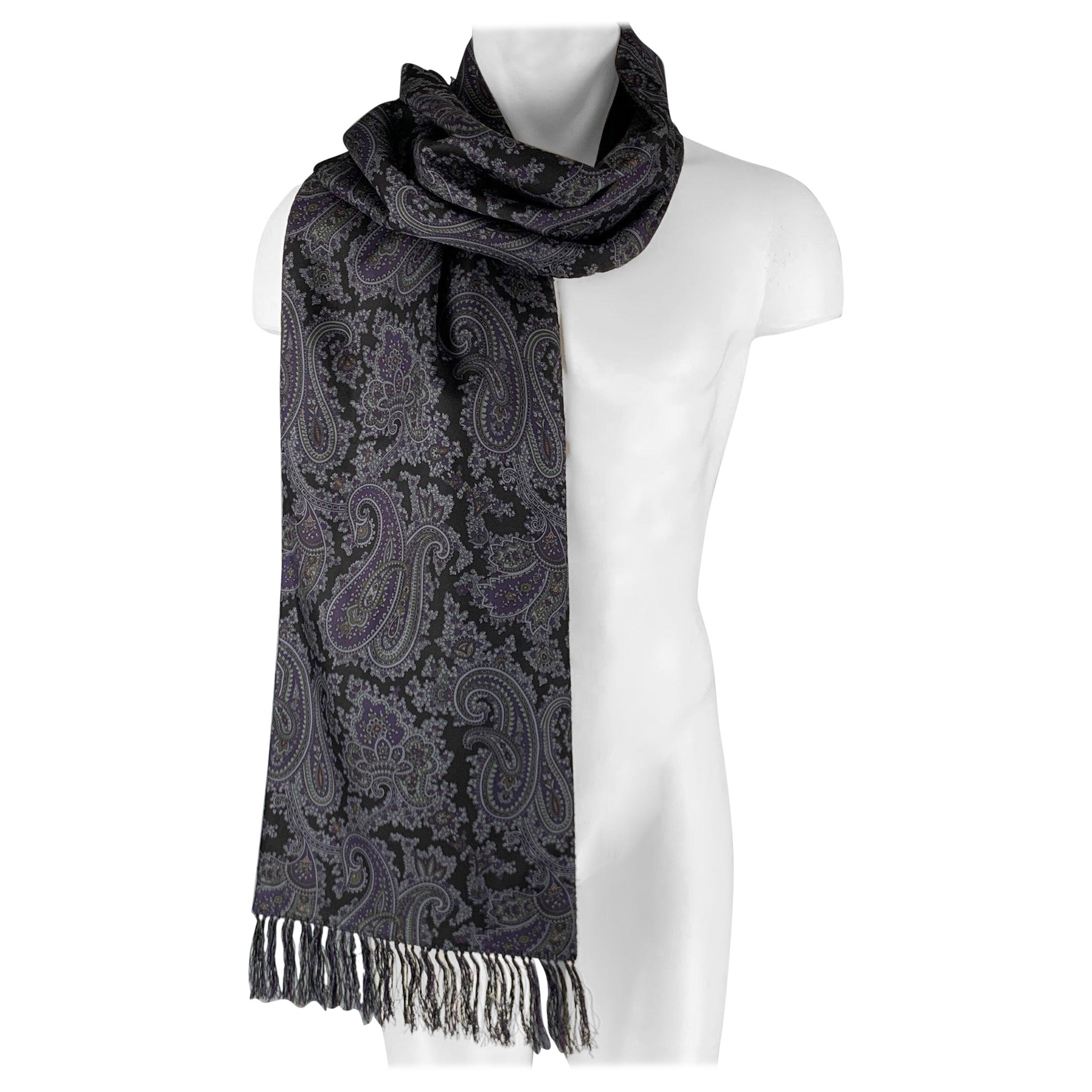 BERGDORF GOODMAN Grey Purple & Black Paisley Cashmere Silk Scarves For Sale