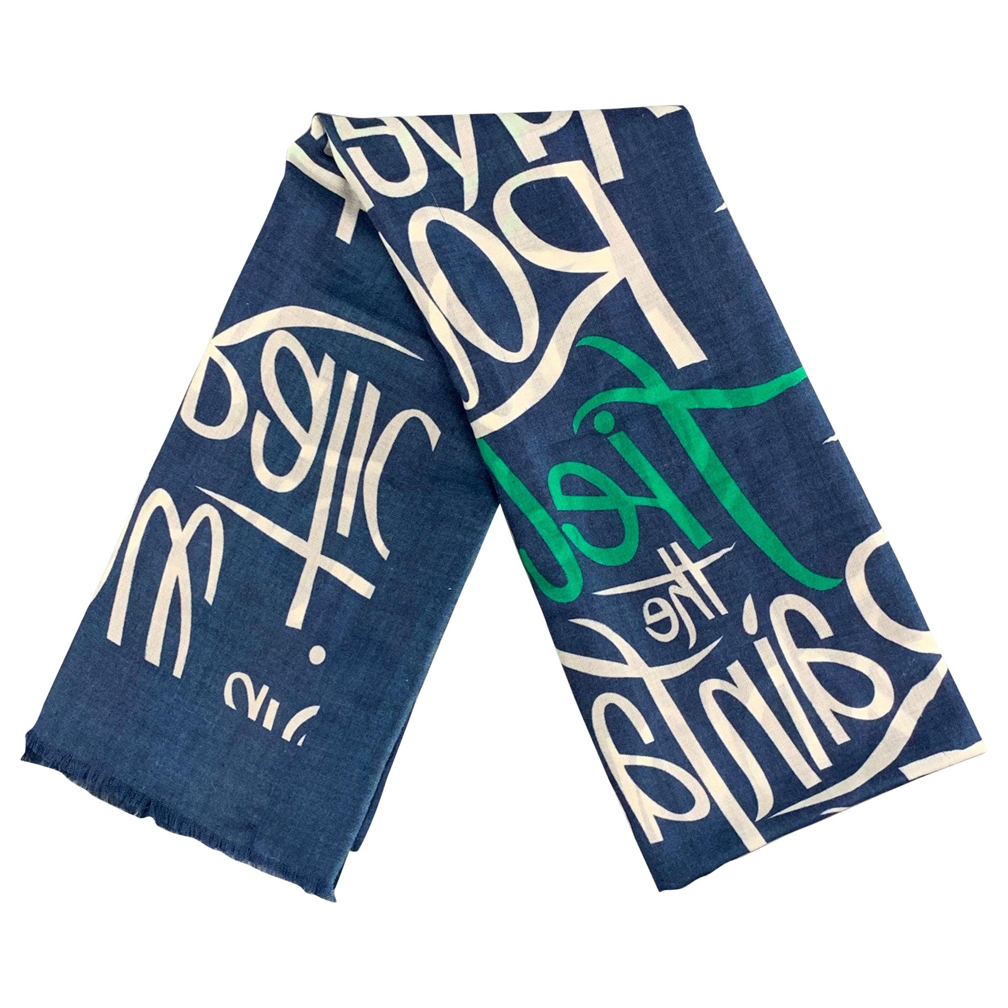 BURBERRY PRORSUM Spring 2015 Size One Size Blue & White Script Cashmere Scarf For Sale