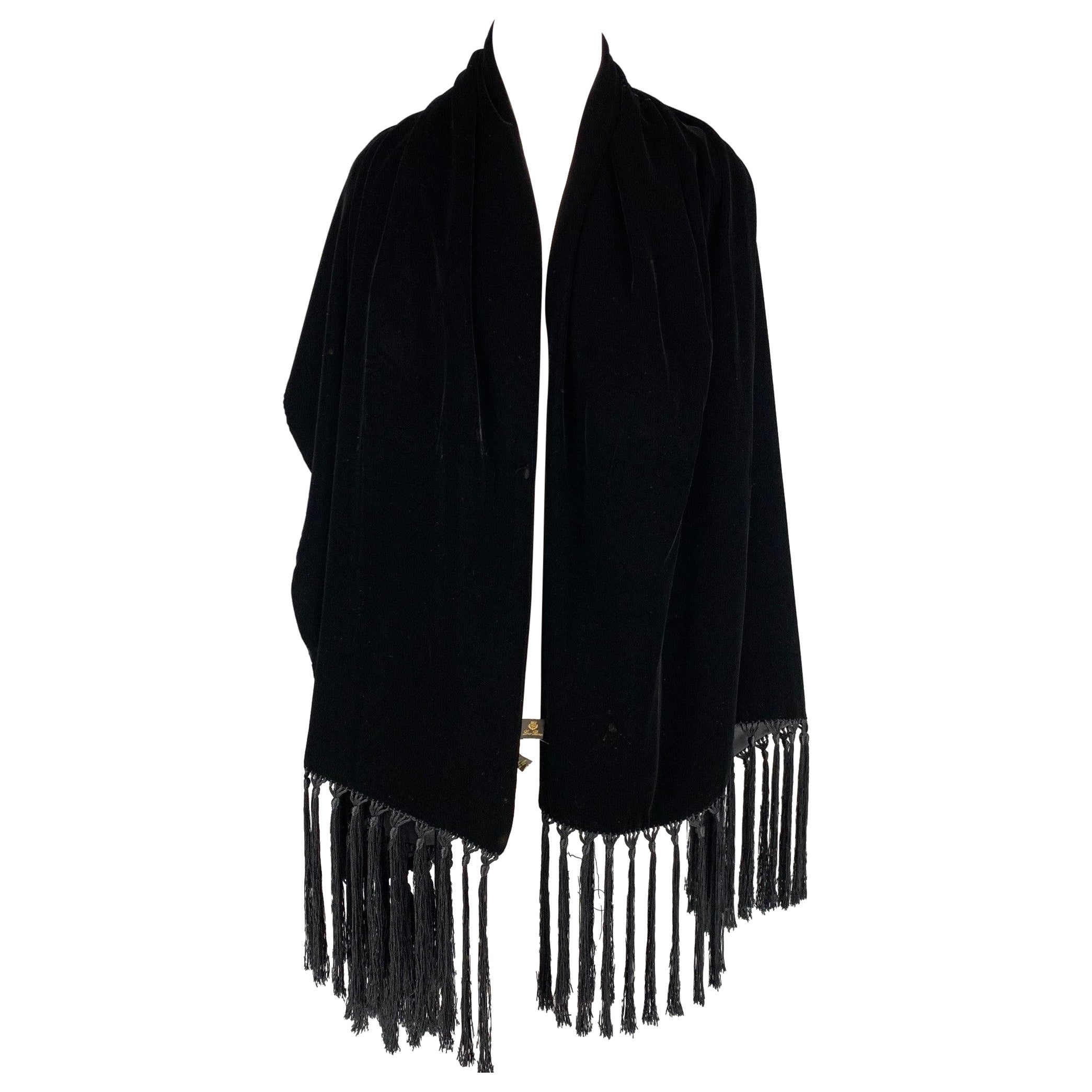 LORO PIANA Black Velvet Viscose Silk Fringe Scarf For Sale