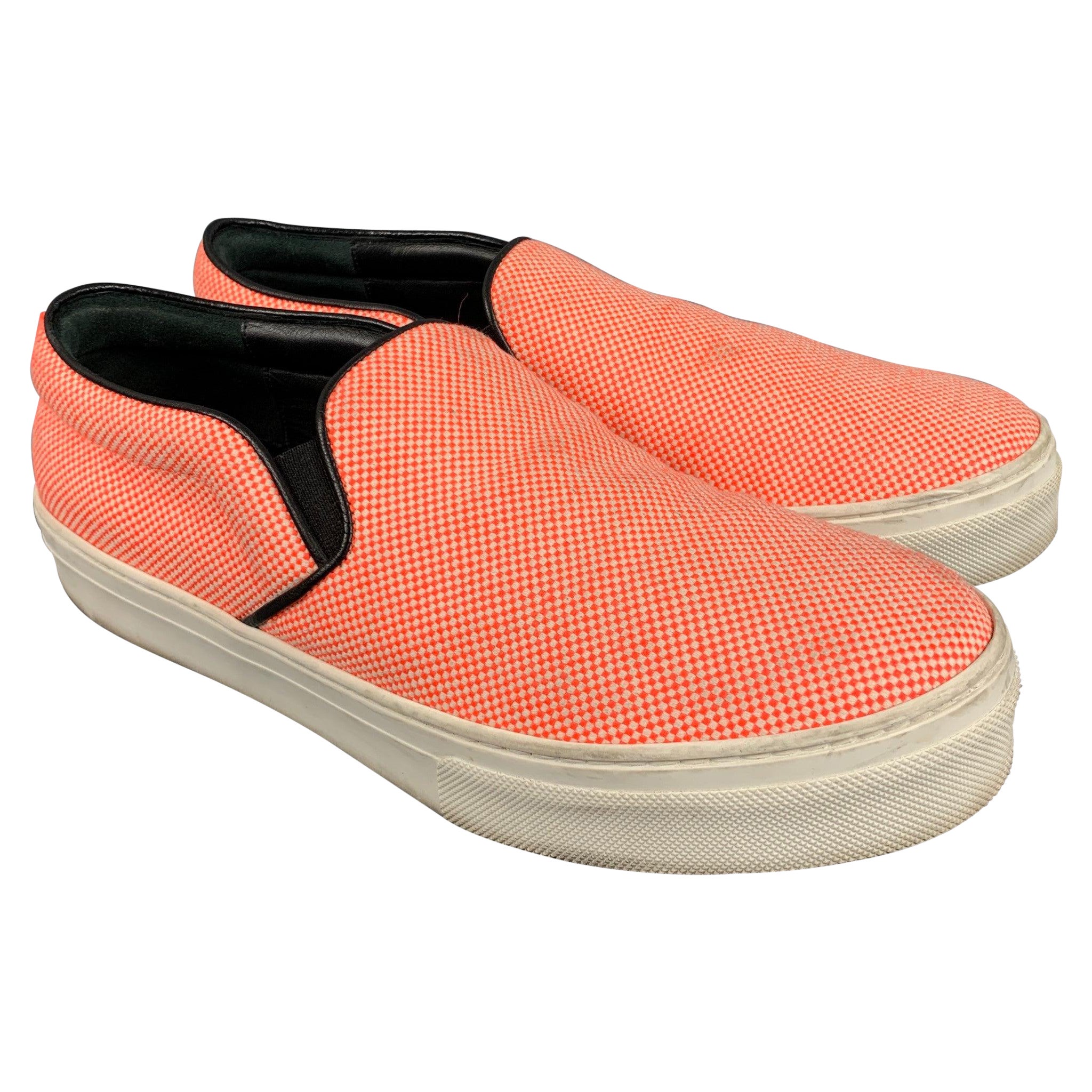 CELINE Size 8.5 Orange White Fabric Nailhead Slip On Sneakers For Sale