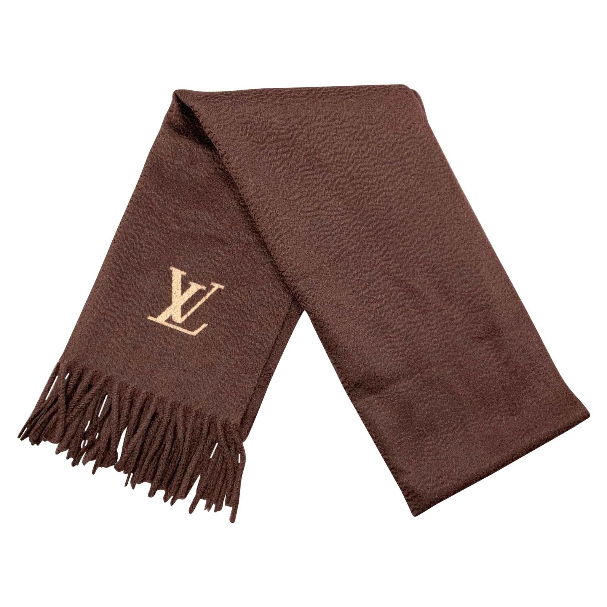 LOUIS VUITTON Brown Knitted Cashmere Fringe Scarf For Sale