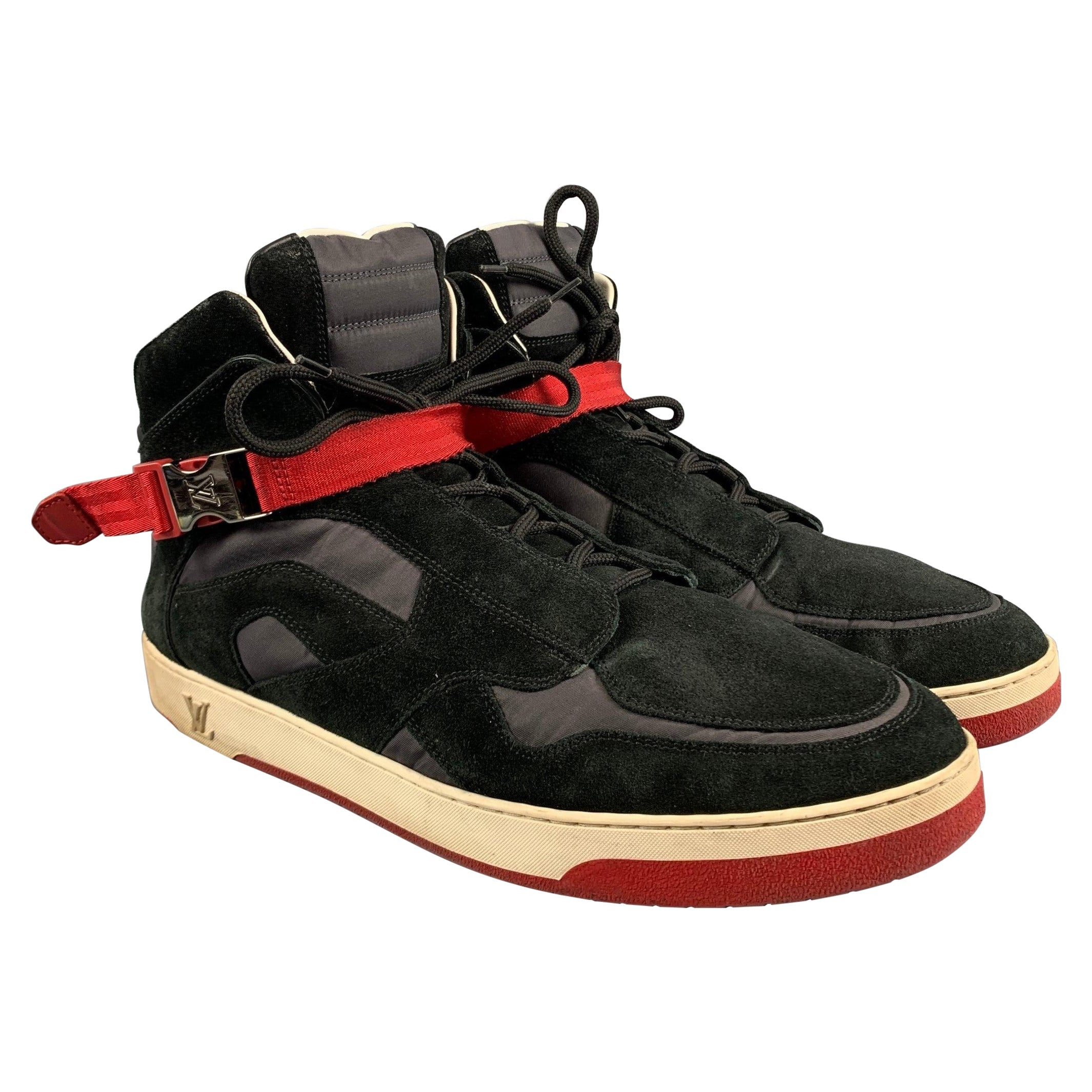 LOUIS VUITTON Size 13 Black Red  Nylon Suede High Top Sneakers For Sale