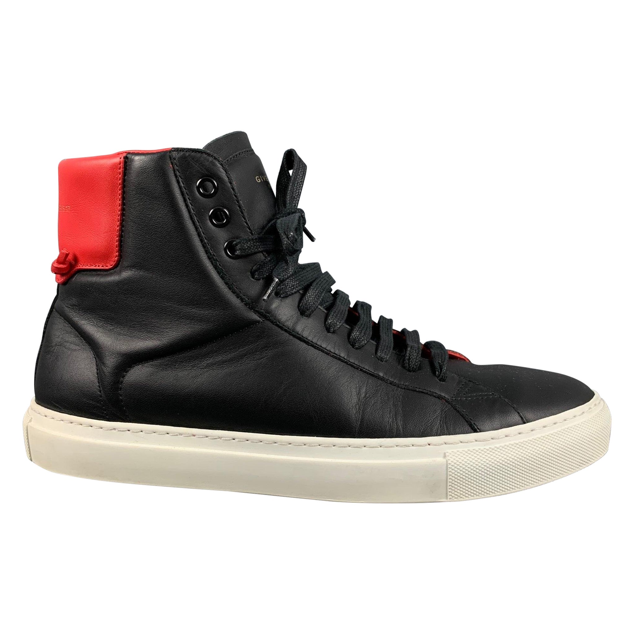 GIVENCHY Size 10 Black Red & White Color Block Leather High Top Sneakers For Sale