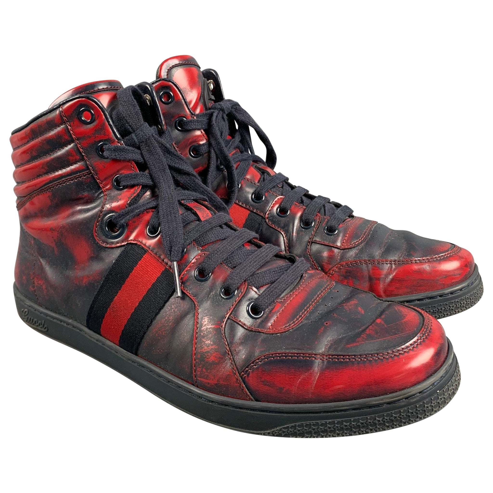 GUCCI Size 9.5 Red Navy Marbled Leather High Top Sneakers For Sale