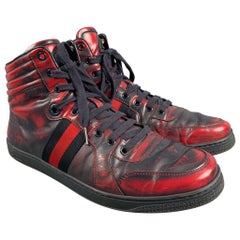 Used GUCCI Size 9.5 Red Navy Marbled Leather High Top Sneakers