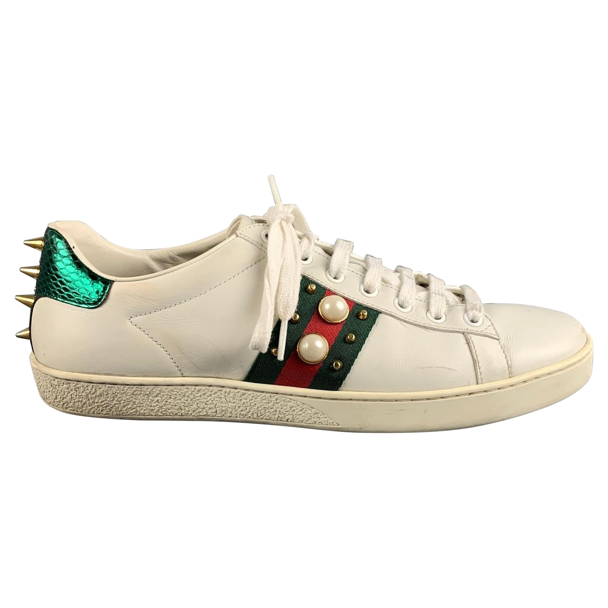 GUCCI Size 10 White Green & Red Leather Ribbon Low Top Sneakers For Sale