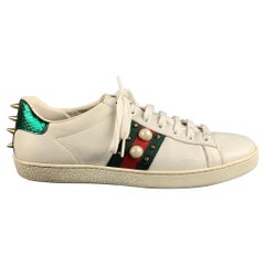 Used GUCCI Size 10 White Green & Red Leather Ribbon Low Top Sneakers