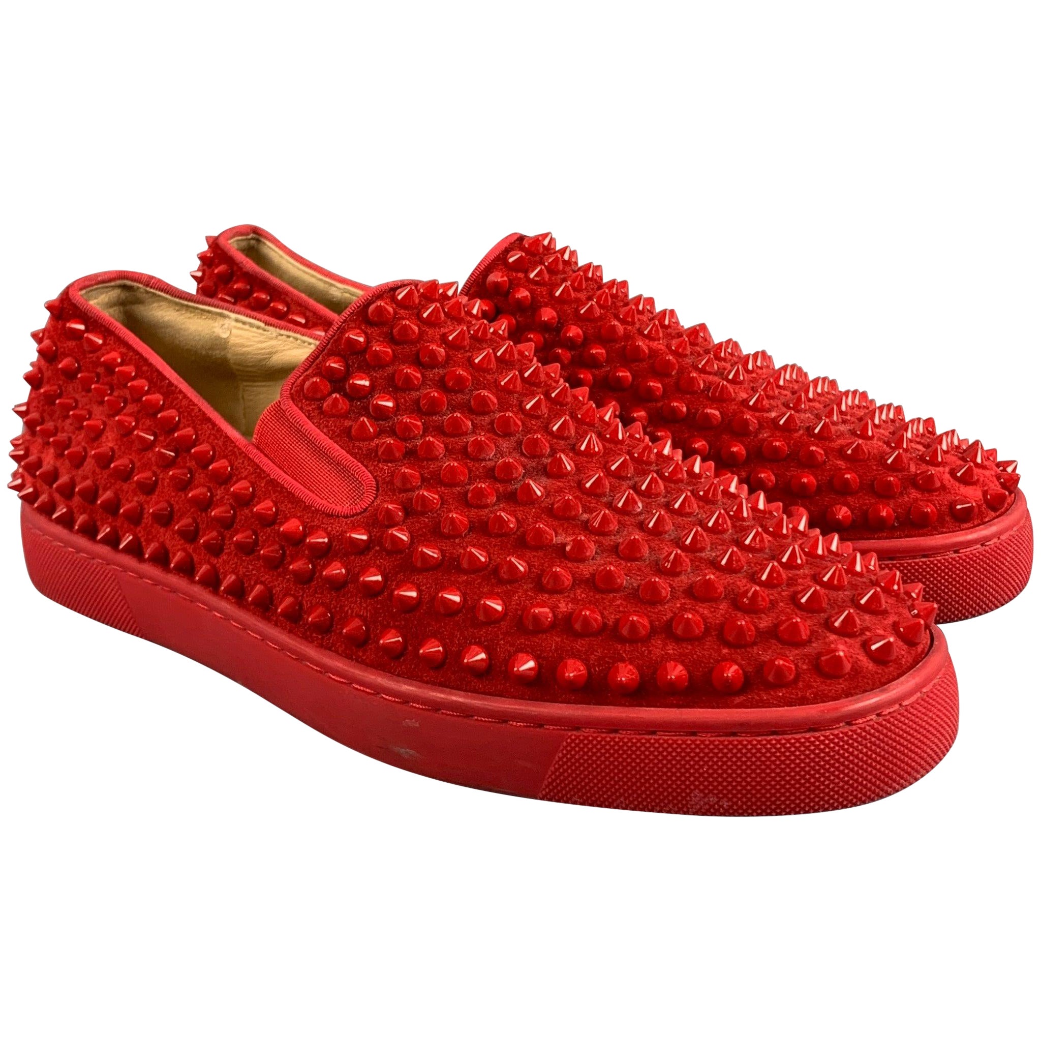 CHRISTIAN LOUBOUTIN Size 8 Red Studded Leather Slip On Sneakers For Sale