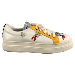 Used PRADA Size 10 White Multi-Color Leather Aplique Low Top Sneakers