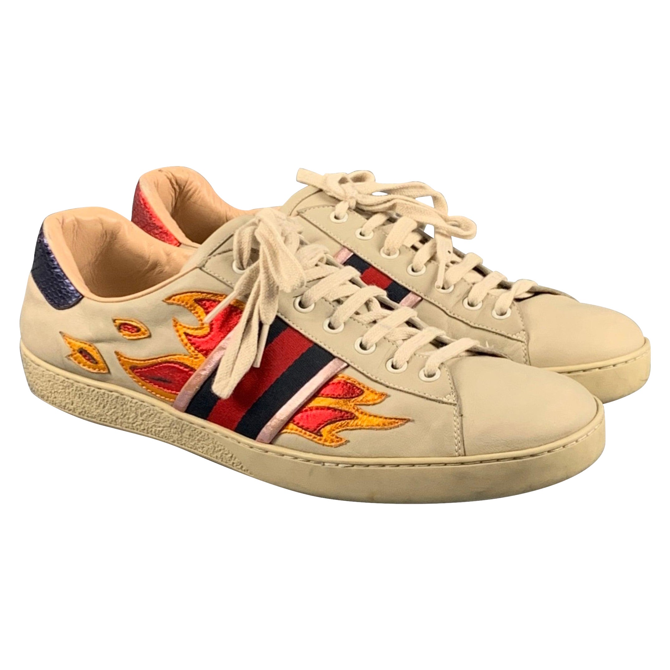 GUCCI Size 11 Beige Multicolour Leather Low Top Sneakers For Sale