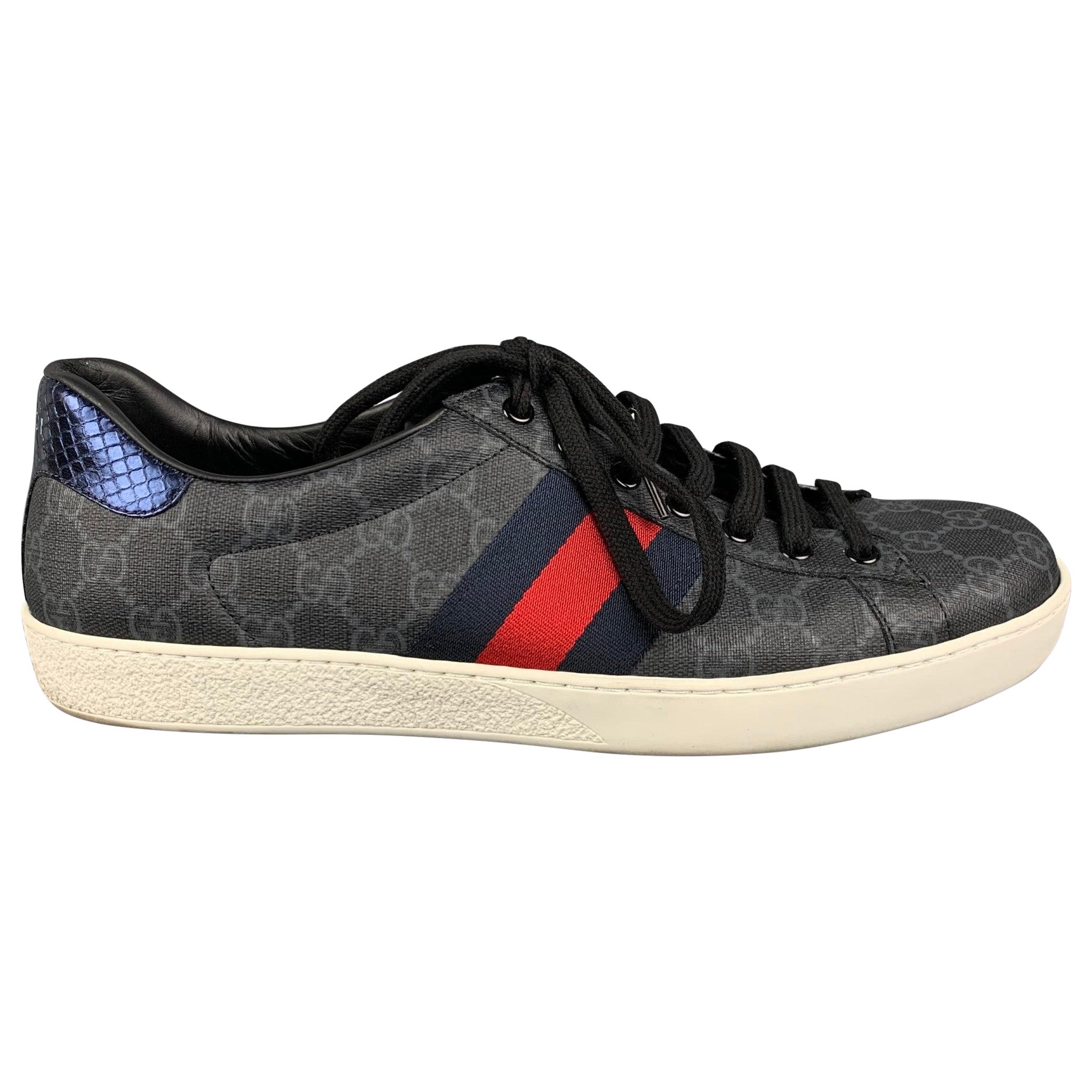 GUCCI Size 11 Black Grey Monogram Leather Lace Up Sneakers For Sale