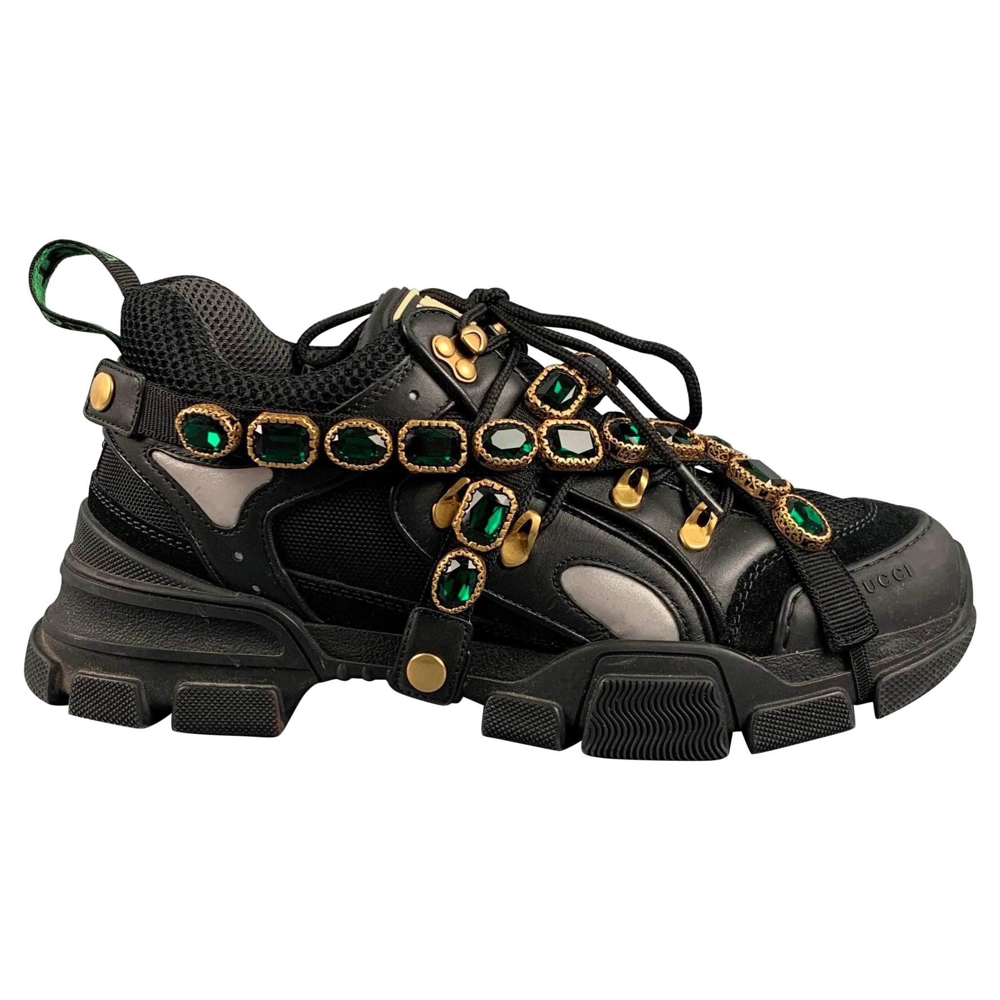 GUCCI Größe 9,5 Schwarz Grün Perlen Nylon Spitzen-Sneakers aus Nylon mit Schnürung im Angebot