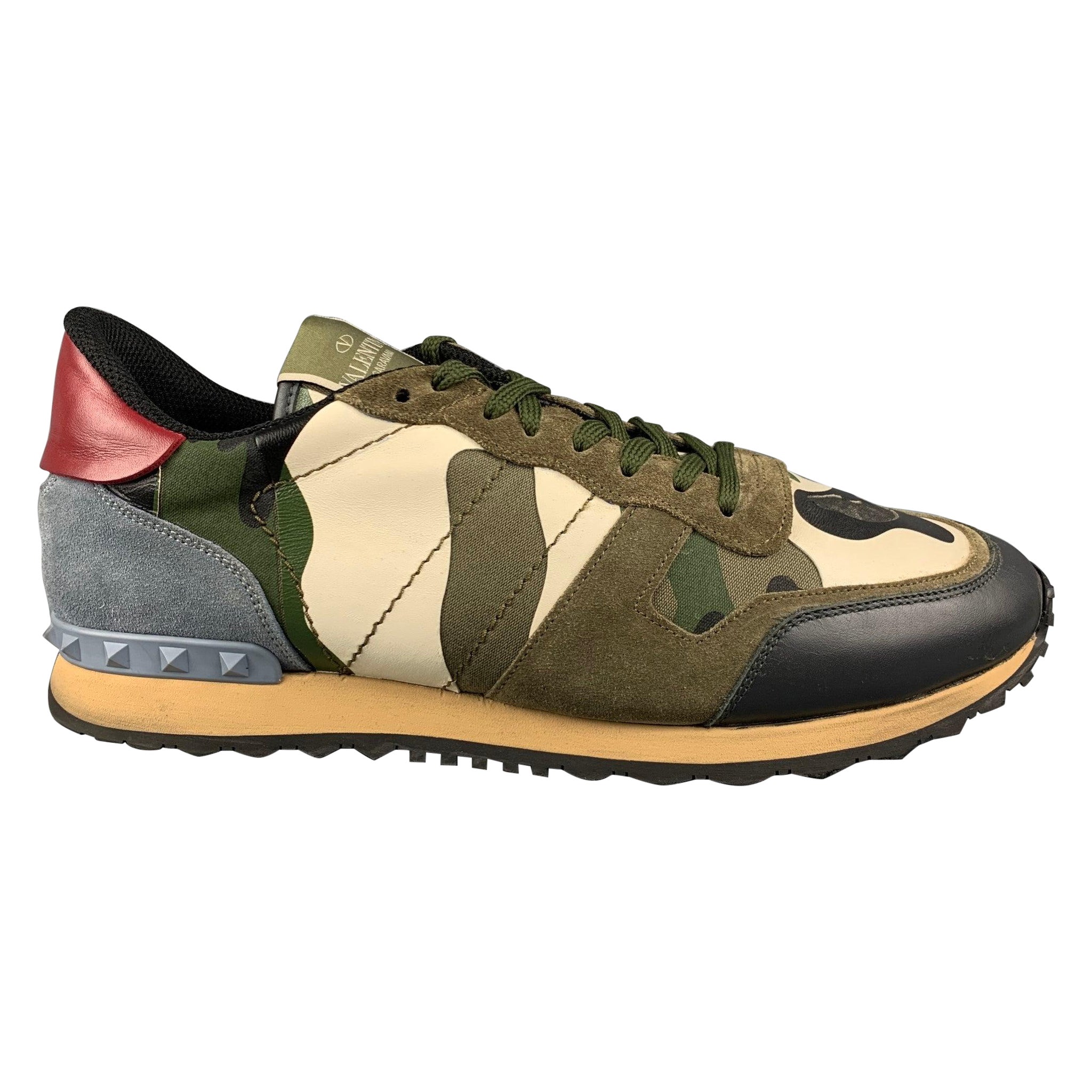 VALENTINO Size 12 Multi-Color Olive Camo Leather Low Top Sneakers For Sale