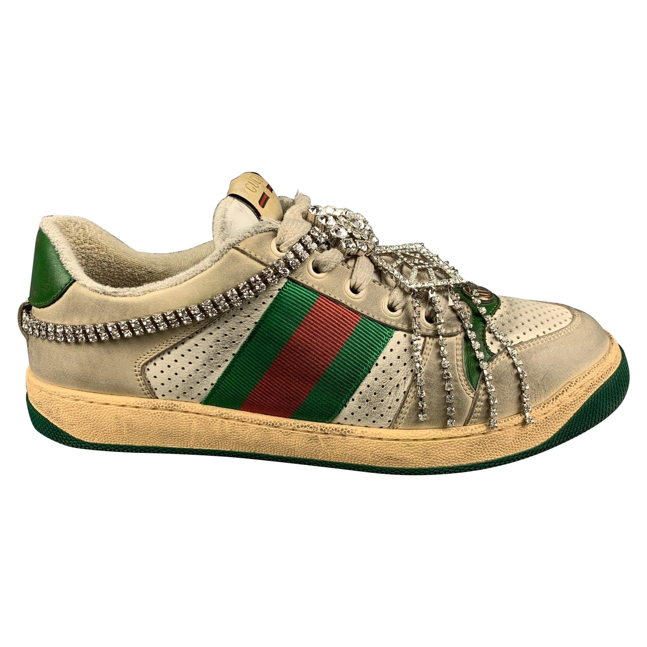 GUCCI Size 8 Off White Distressed Leather Lace Up Crystal Screener Sneakers For Sale