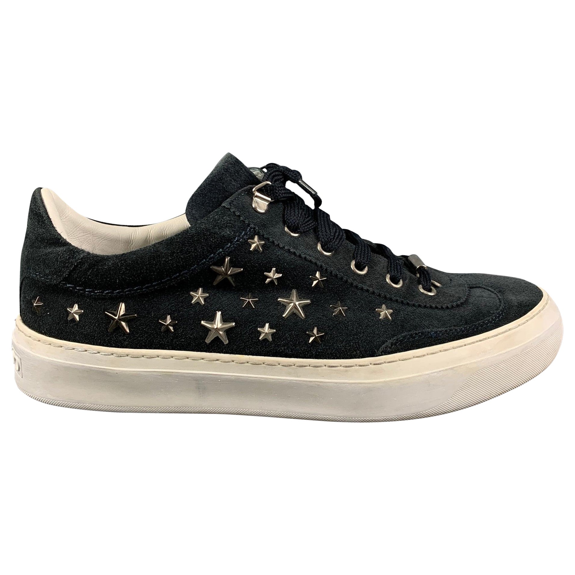 JIMMY CHOO Size 10 Navy Silver Studded Suede Sneakers For Sale
