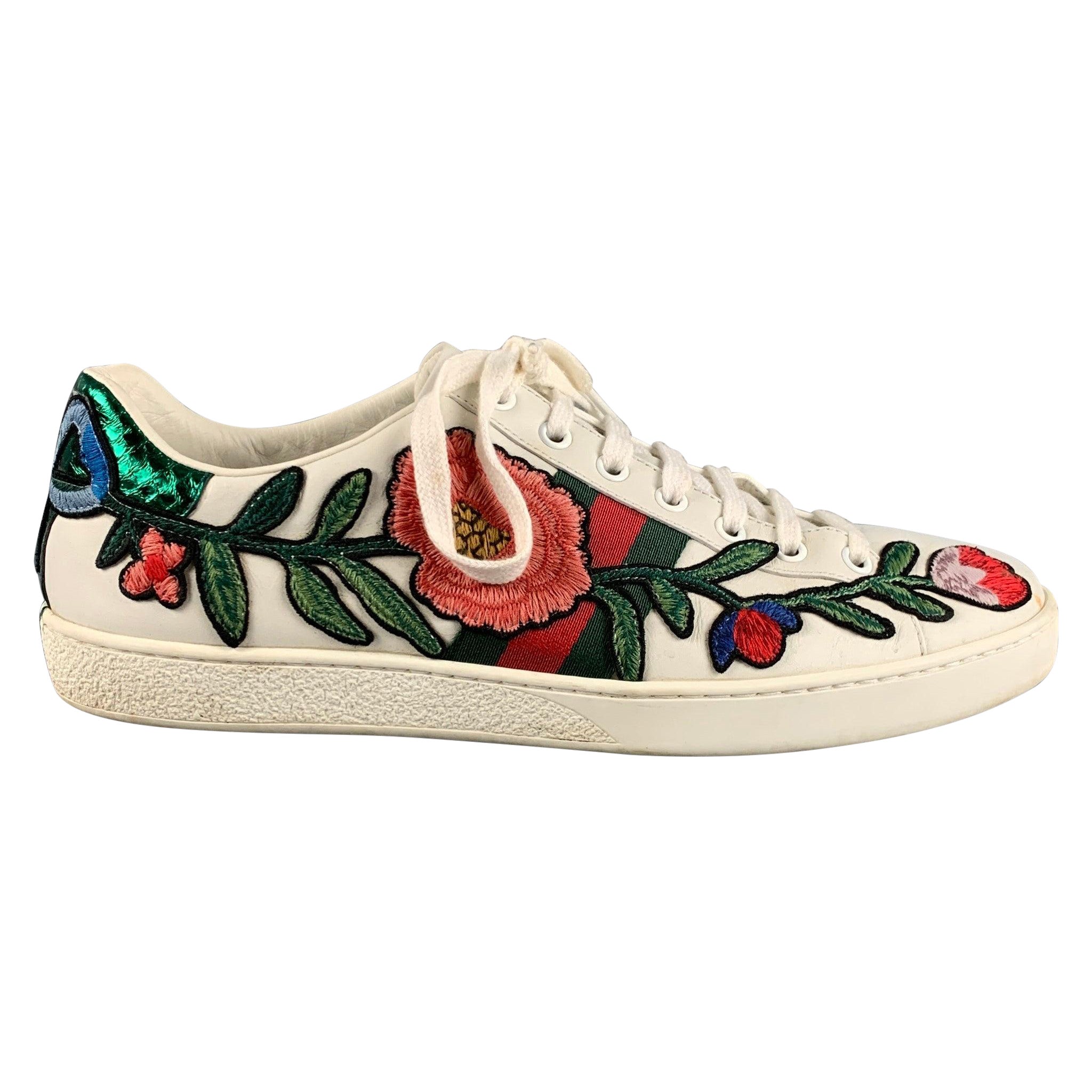 GUCCI Size 10.5 White Multi-Color Leather Embroidered Low Top Sneakers