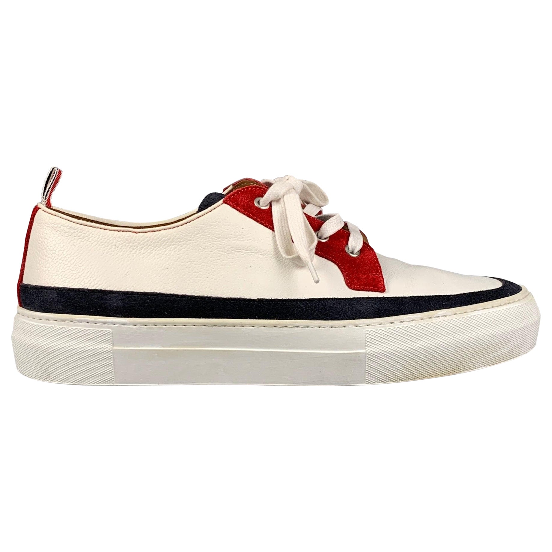 THOM BROWNE Size 10 White Red & Blue Color Block Leather Platform Sneakers For Sale