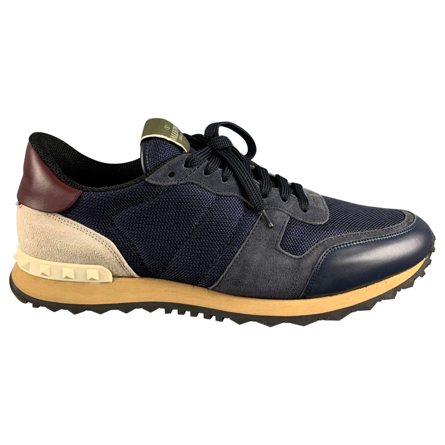VALENTINO Size 12 Navy Mixed Materials Leather Lace Up Sneakers For Sale