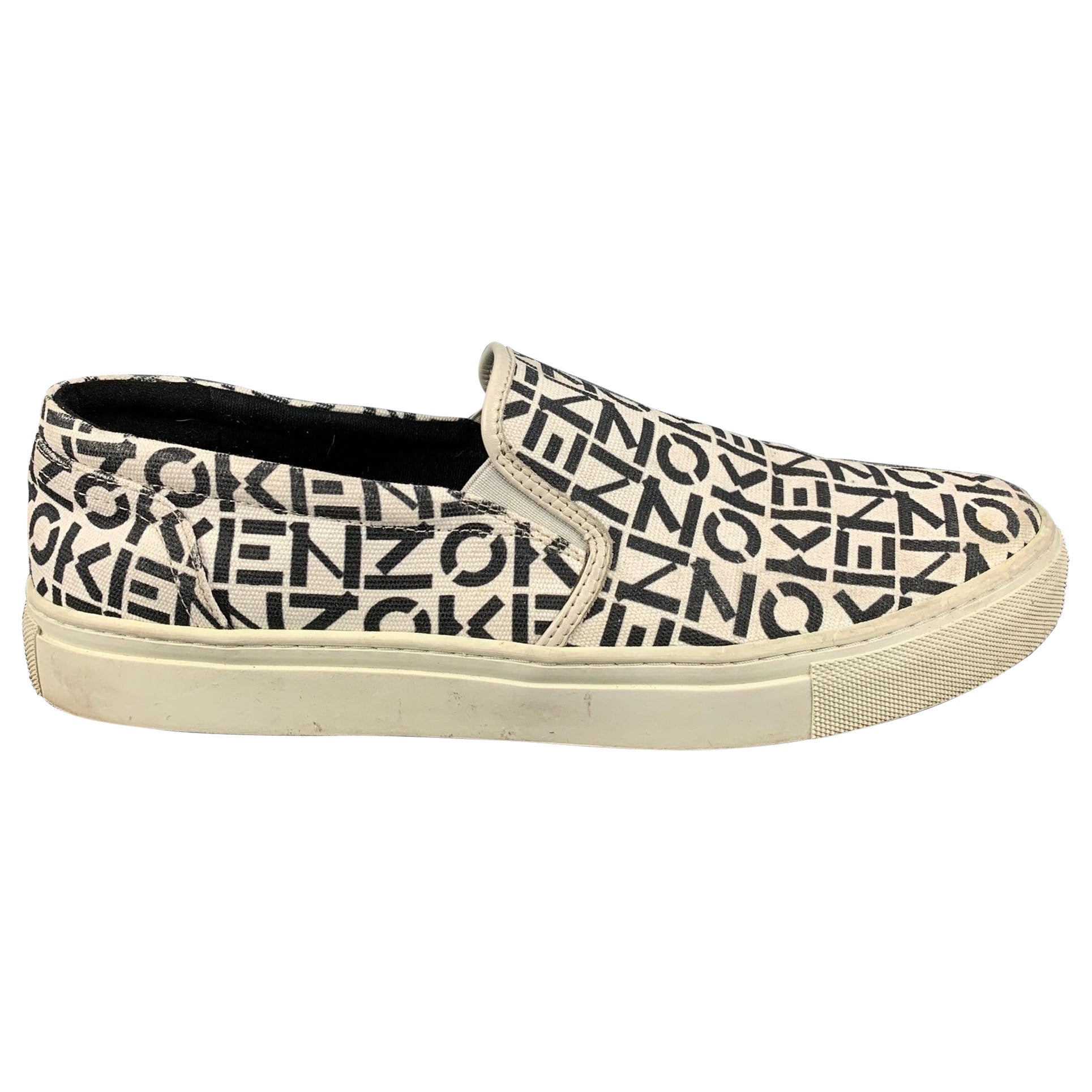 KENZO Size 10 White Black Logo Canvas Slip On Sneakers For Sale