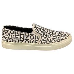 KENZO Size 10 White Black Logo Canvas Slip On Sneakers