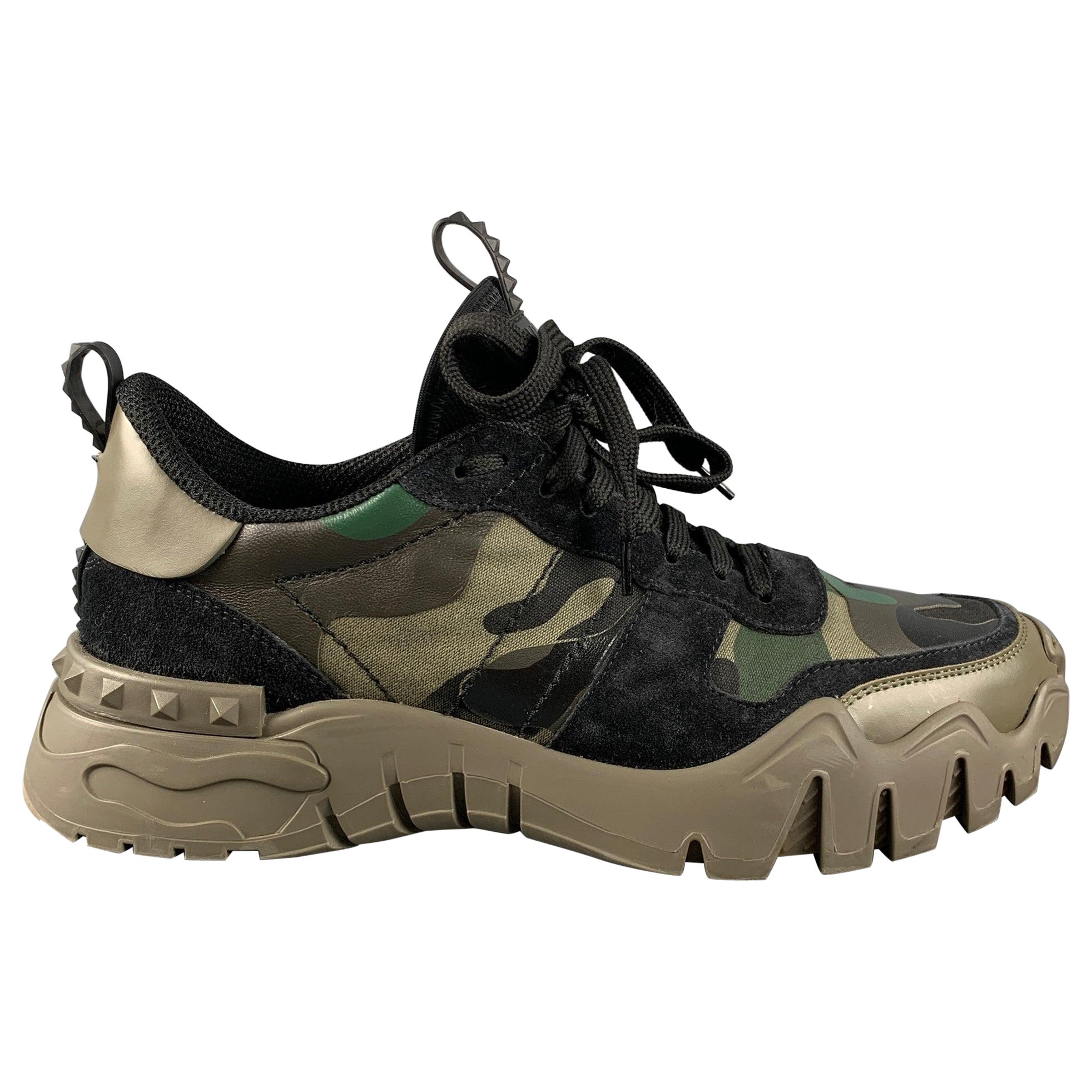 VALENTINO Size 10 Olive Black Camouflage Nylon Lace Up Sneakers