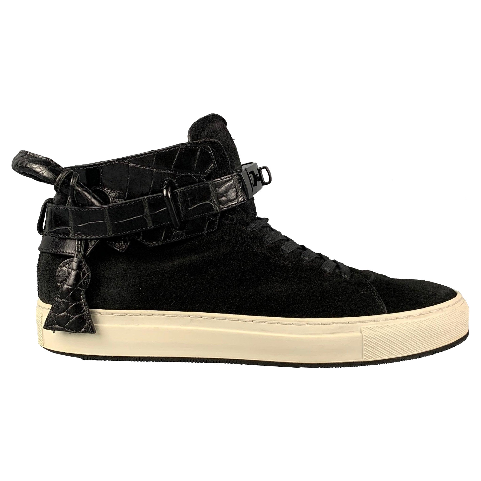 BUSCEMI Size 11 Black Embossed Suede 100MM High Top Sneakers For Sale