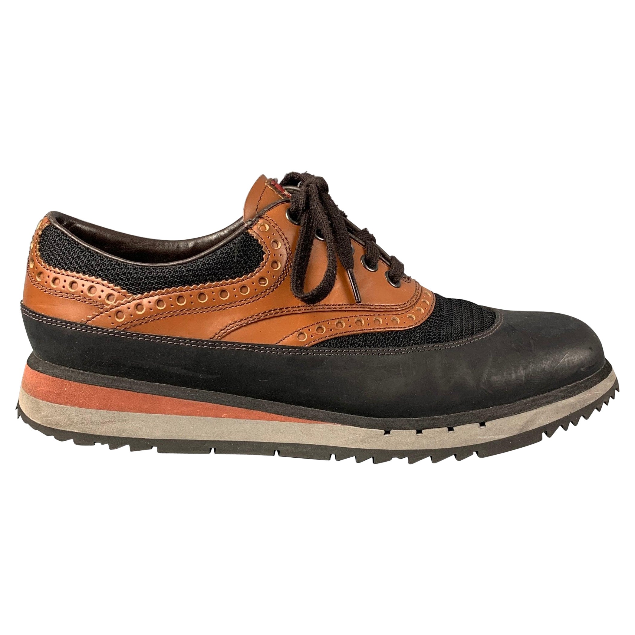 PRADA Größe 7,5 Schwarz Tan Mesh Spitzen-Sneakers mit Schnürung