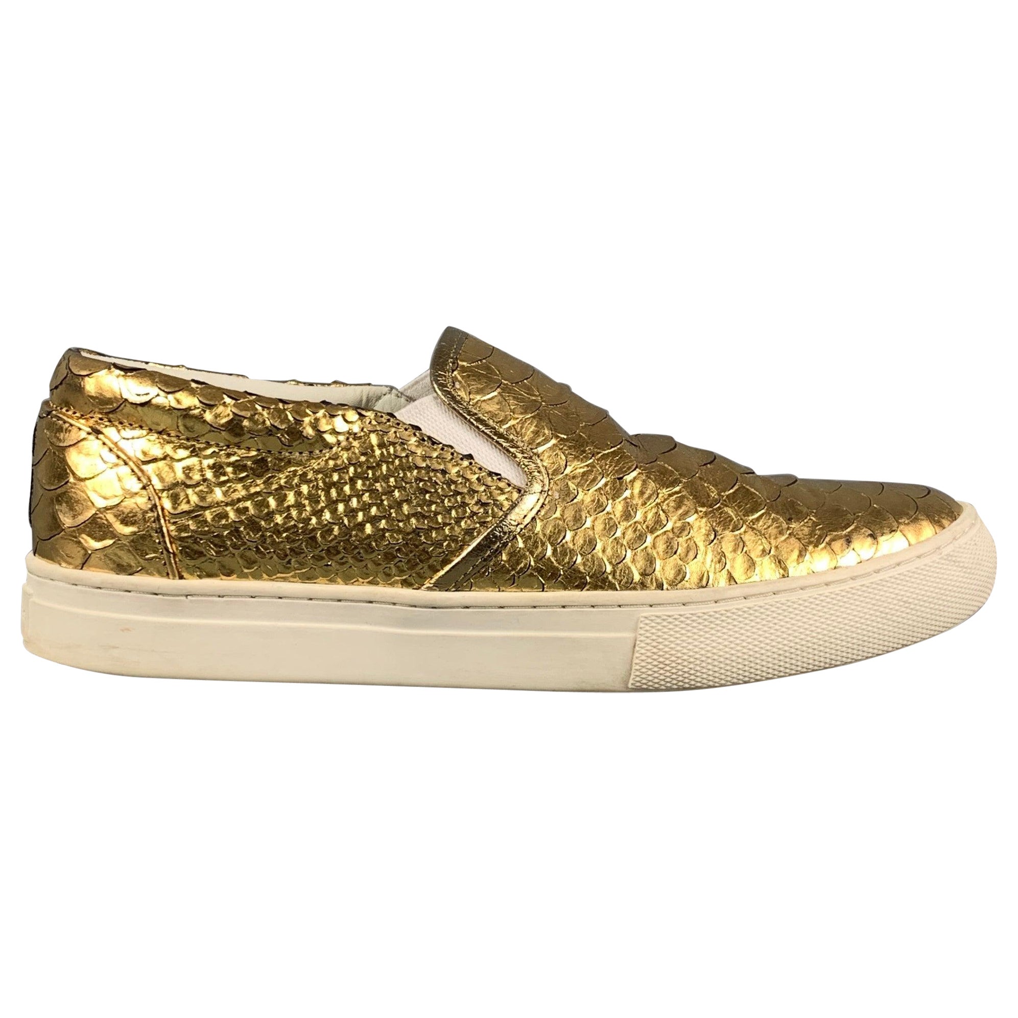 MARC JACOBS Size 7.5 Gold Textured Leather Slip On Sneakers For Sale
