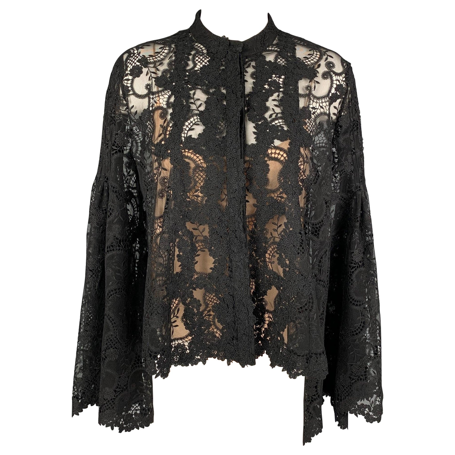 OSCAR DE LA RENTA Size 6 Black Silk Lace Bell Sleeves Blouse For Sale