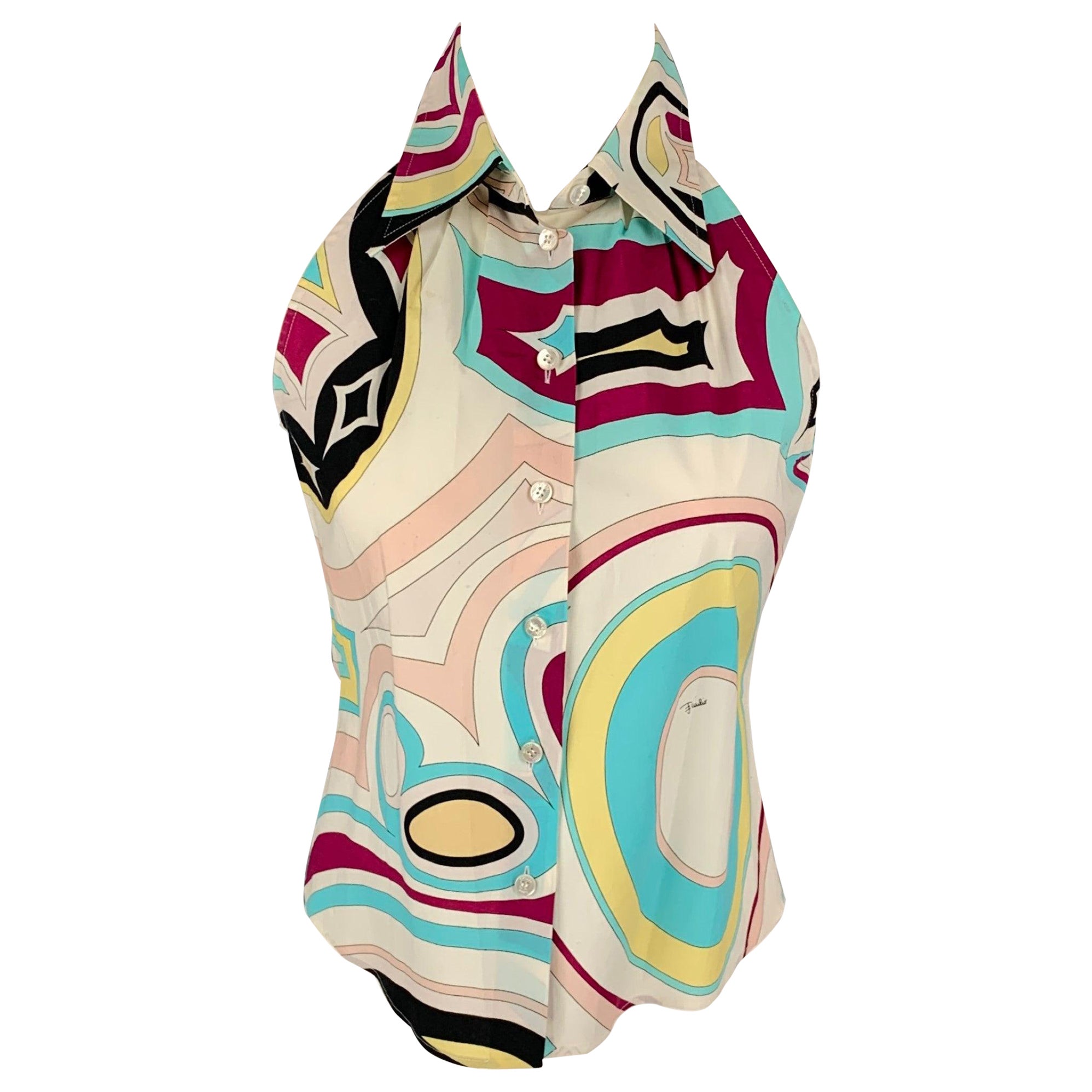 EMILIO PUCCI Size 6 Multi-Color Cotton Abstract Sleeveless Blouse