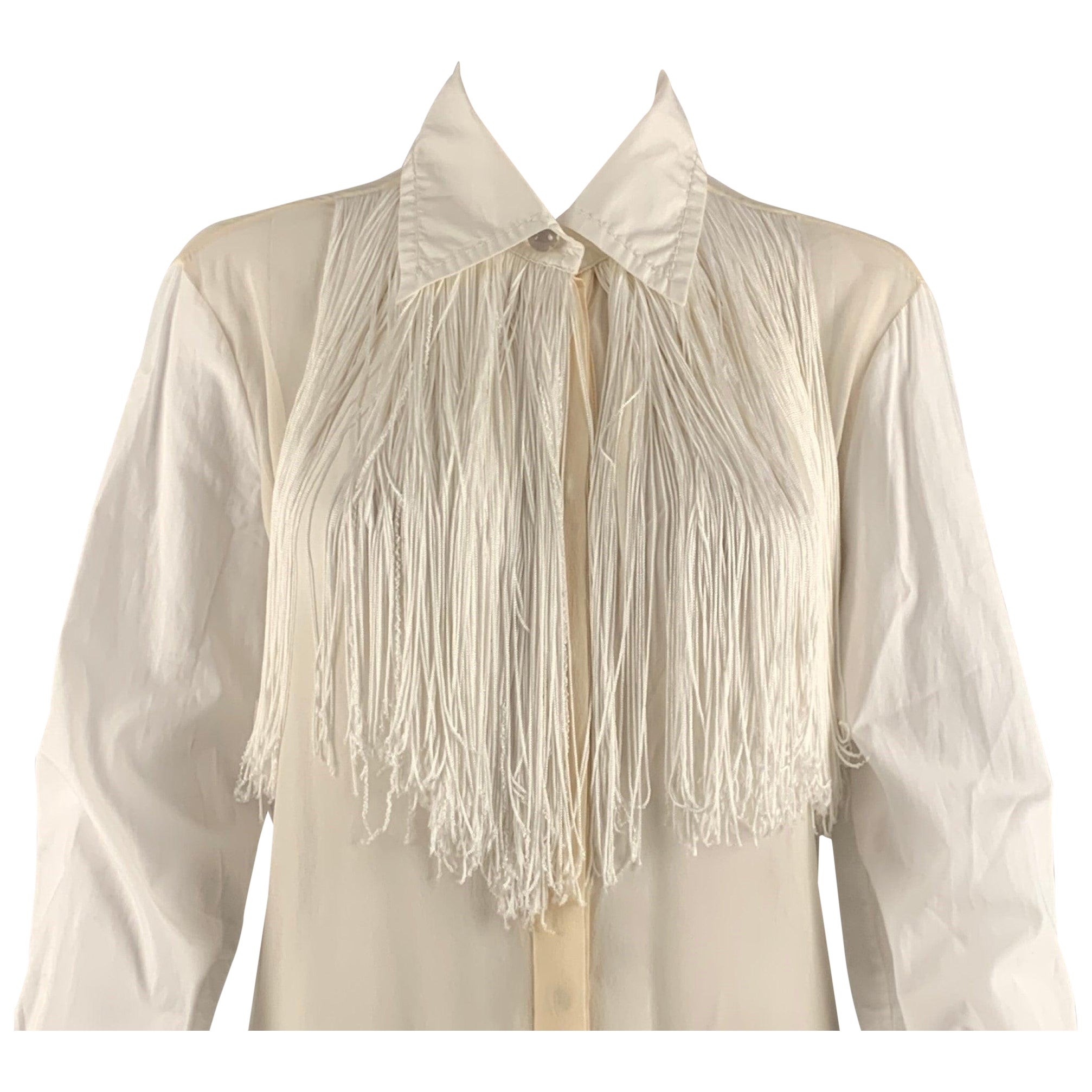VIKTOR & ROLF Size 6 White Beige Cotton Fringe Button Up Blouse For Sale