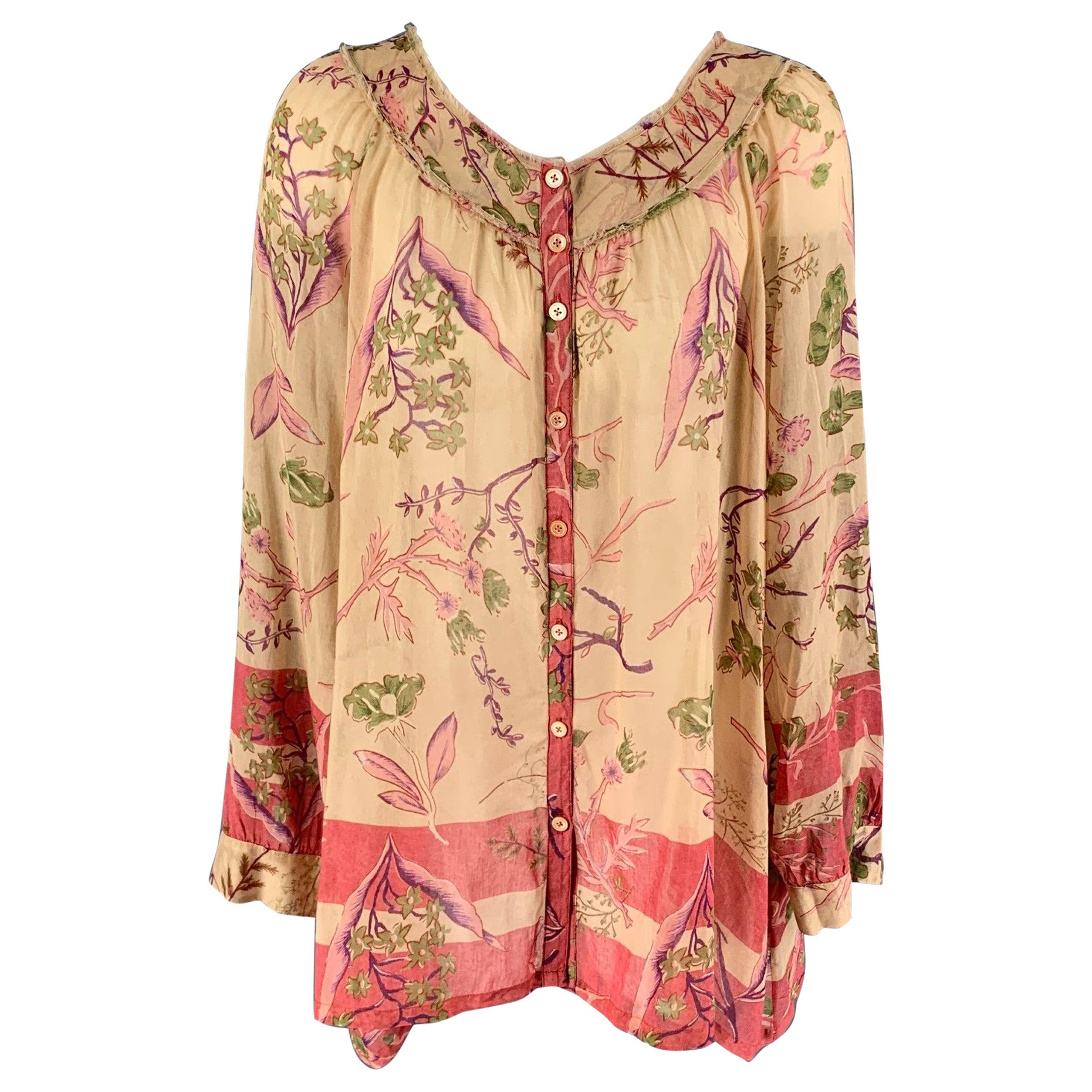 DONNA KARAN Size 6 Beige Red Cotton Silk Floral Tunic Blouse For Sale