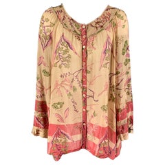 DONNA KARAN Size 6 Beige Red Cotton Silk Floral Tunic Blouse