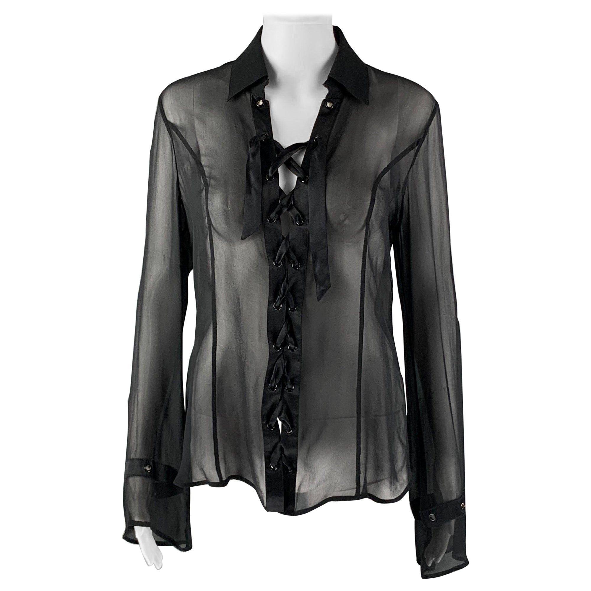 VALENTINO Roma Size 6 Black Silk See Through Laced Blouse For Sale